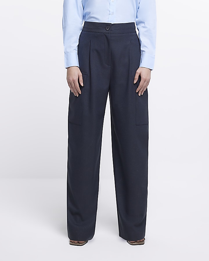 Navy pinstripe wide leg cargo trousers