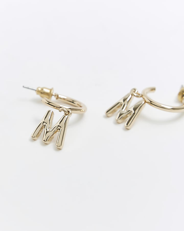 Gold M initial hoop earrings