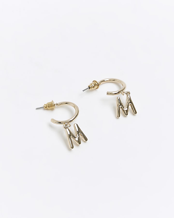 Gold M initial hoop earrings
