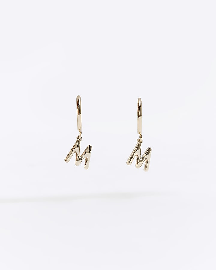 Gold M initial hoop earrings