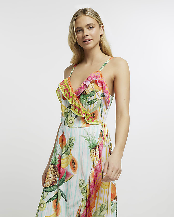 Yellow frill wrap beach midi dress