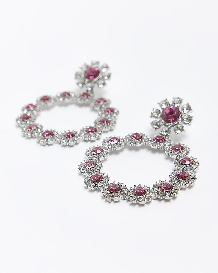 Pink crystal flower drop earrings