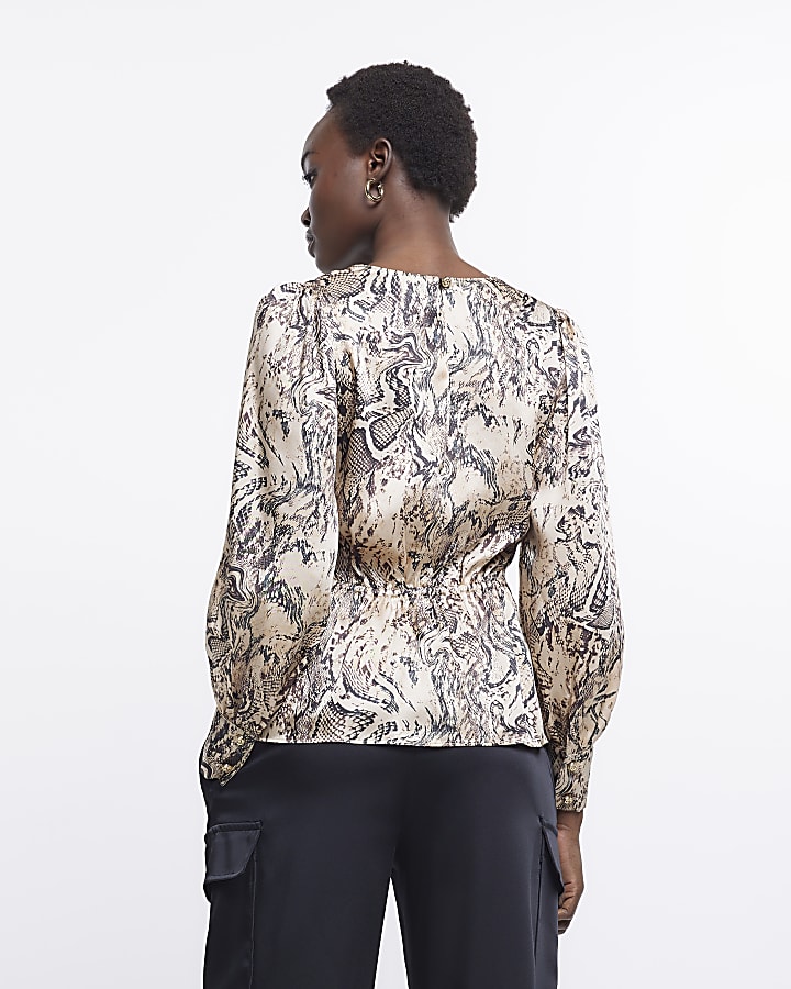 Beige animal print satin wrap blouse