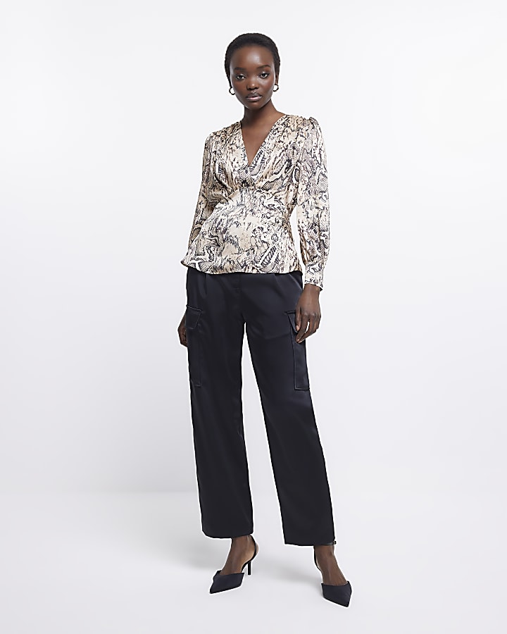 Beige animal print satin wrap blouse