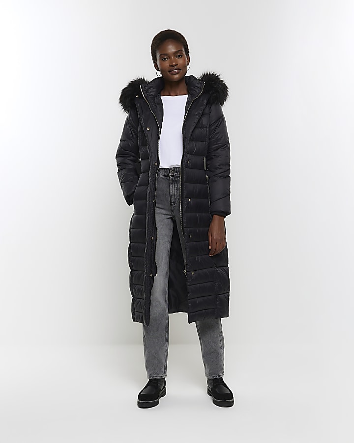 Black belted longline puffer jacket online