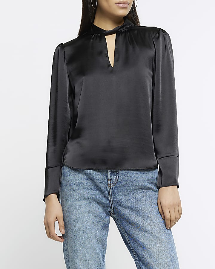 Black satin twist neck blouse