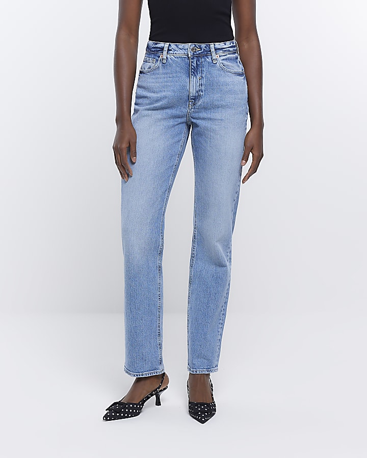 Blue high waisted straight leg jeans