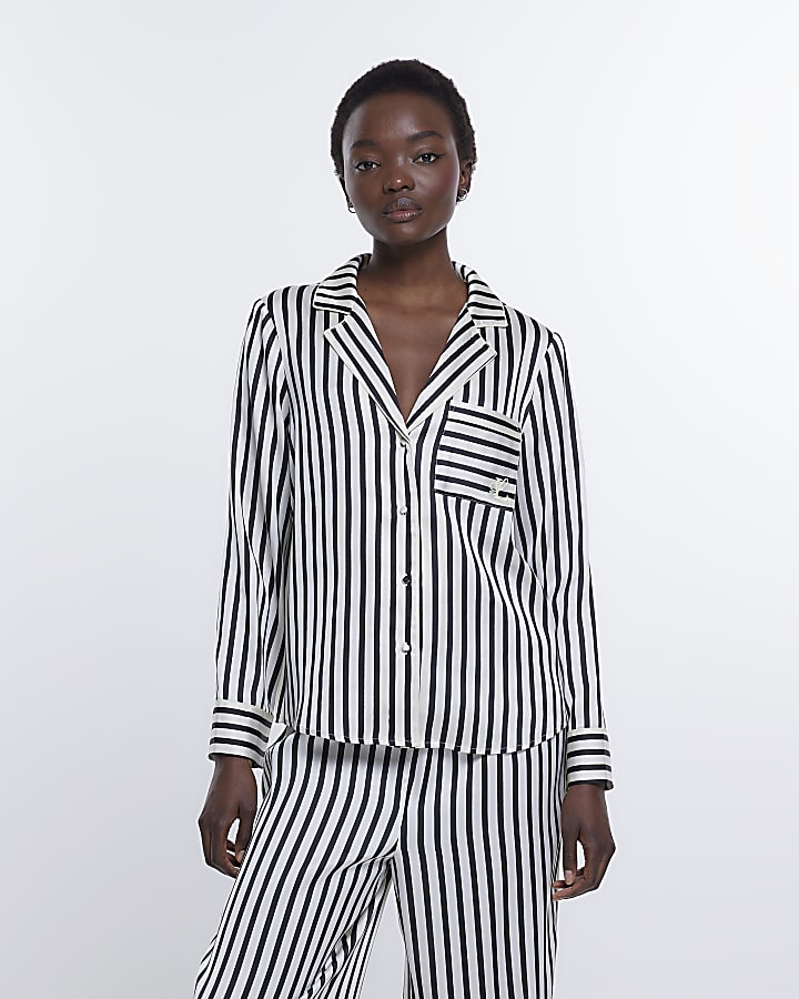 Black stripe satin pyjama top