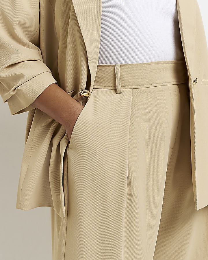 Plus Beige Pleat Wide Leg Trouser