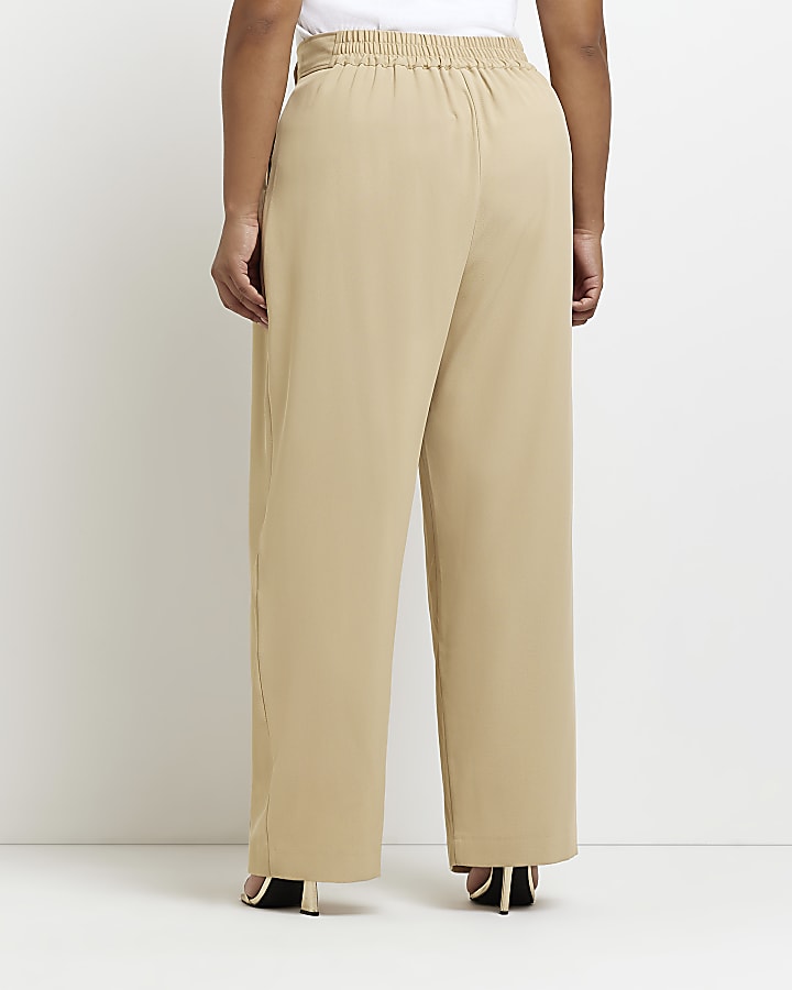 Plus Beige Pleat Wide Leg Trouser