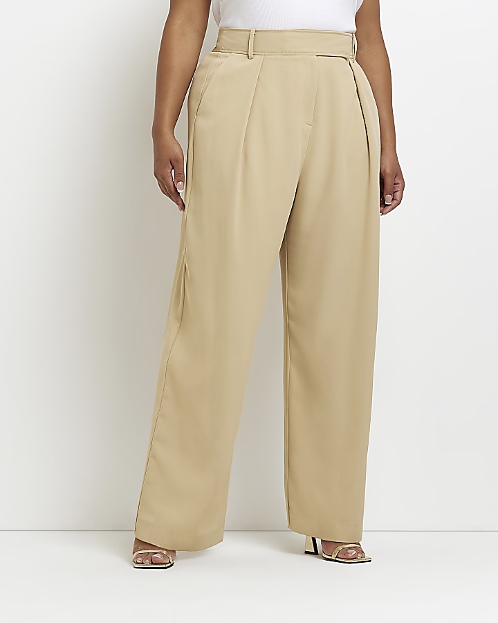 Plus Beige Pleat Wide Leg Trouser