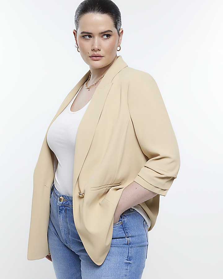 Plus beige ruched sleeve blazer
