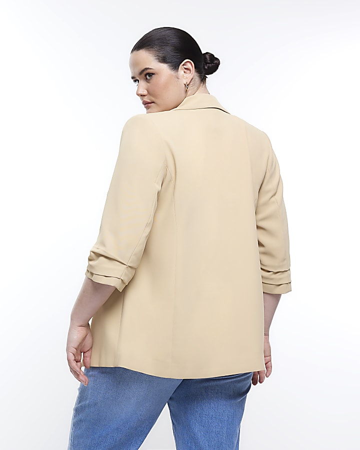 Plus beige ruched sleeve blazer