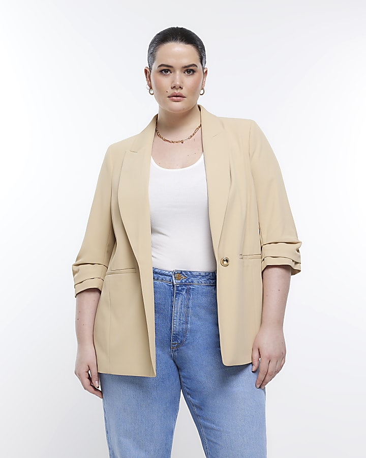 Plus beige ruched sleeve blazer