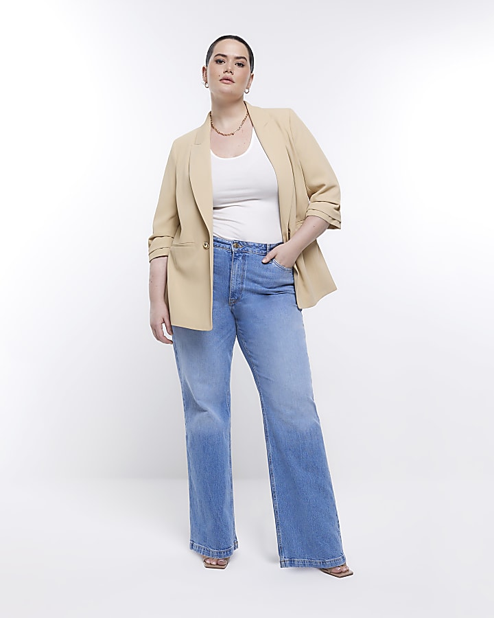 Plus beige ruched sleeve blazer