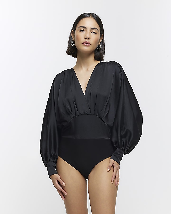 Black satin batwing sleeve bodysuit