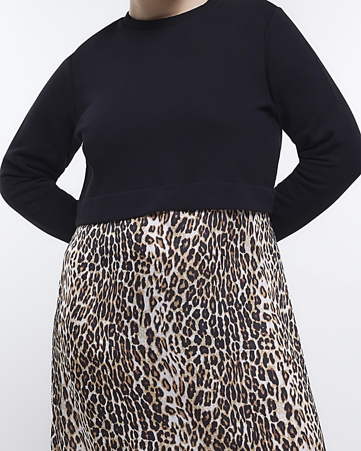 Plus black leopard sweatshirt midi dress