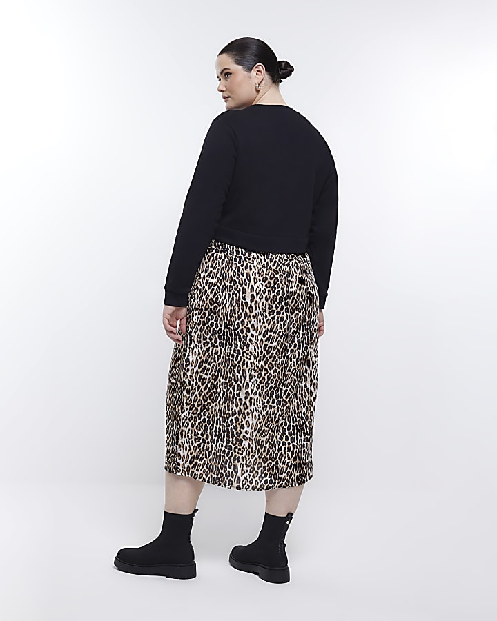 Plus black leopard sweatshirt midi dress