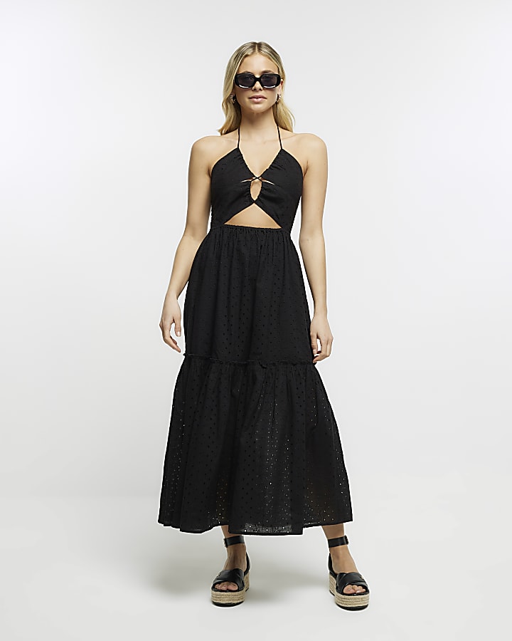 Black halter broderie beach midi dress River Island