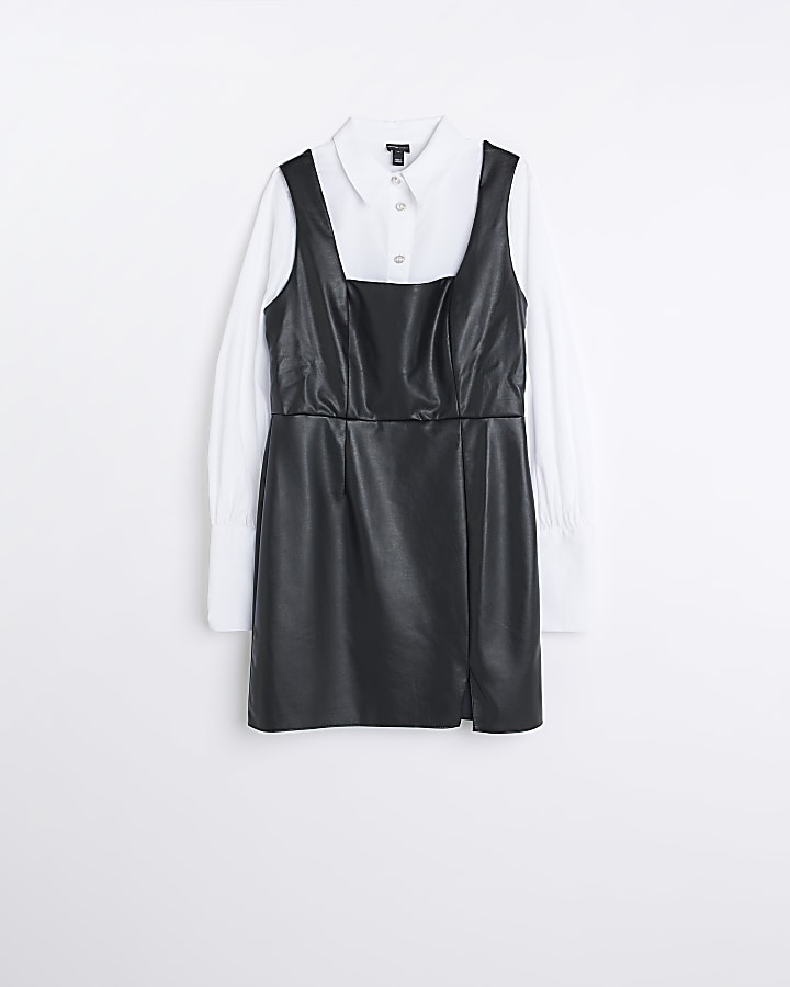 Black faux leather pinafore mini dress