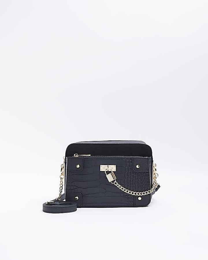 Black croc cross body bag River Island