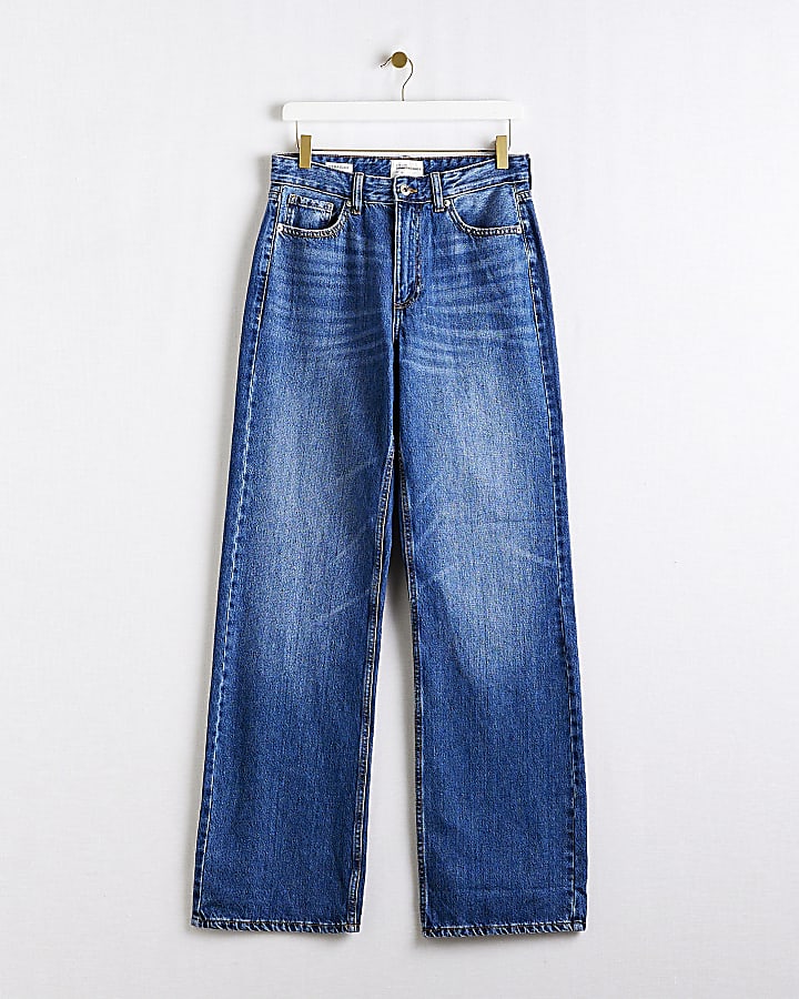 Blue high waisted relaxed straight leg jeans