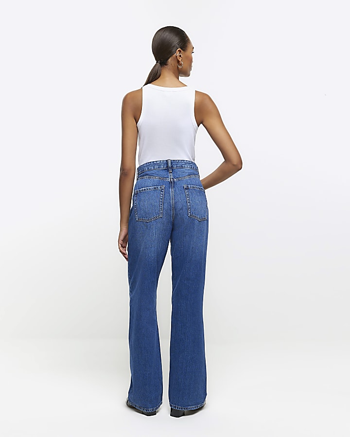 Blue high waisted relaxed straight leg jeans