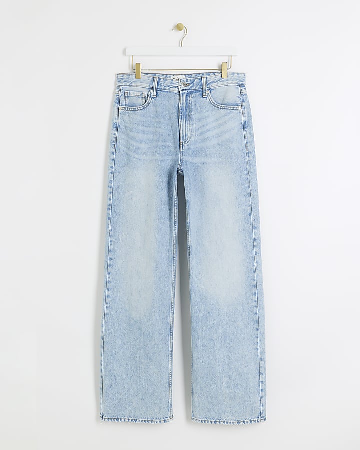 Blue high waisted relaxed straight leg jeans