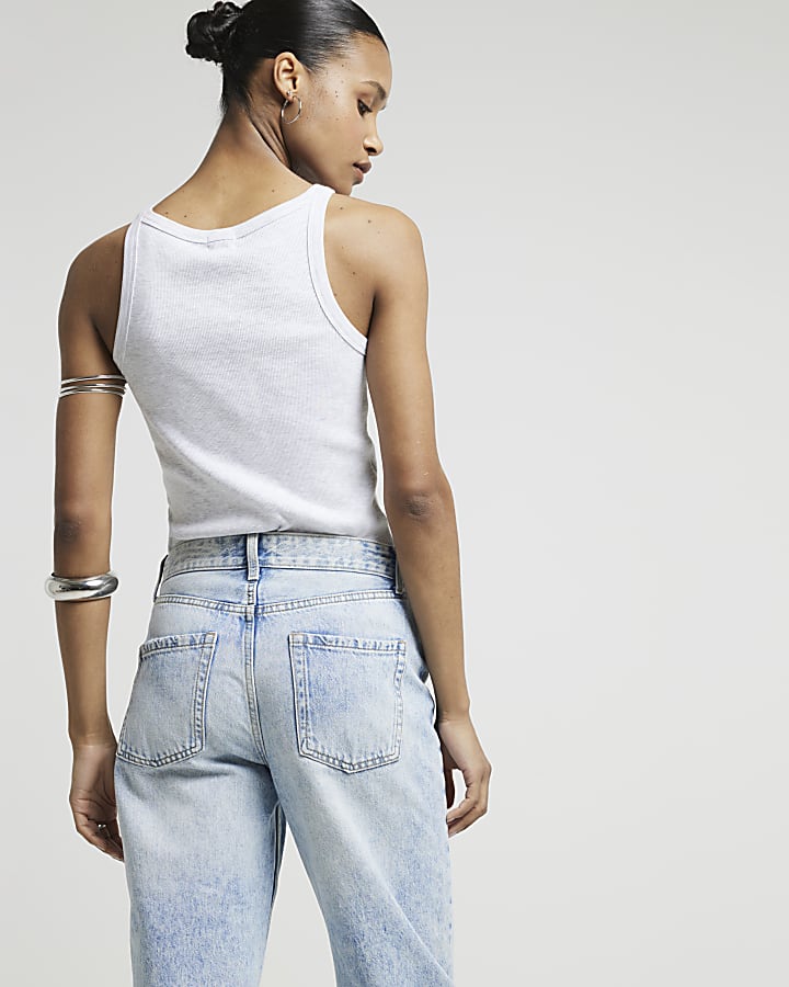 Blue high waisted relaxed straight leg jeans