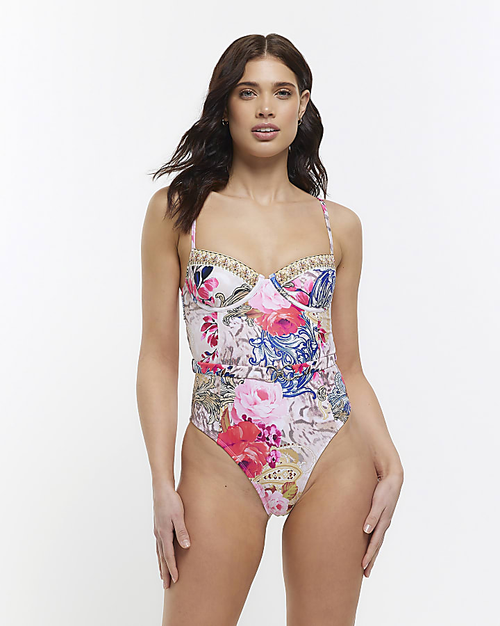 Pink floral structured swimsuit River Island