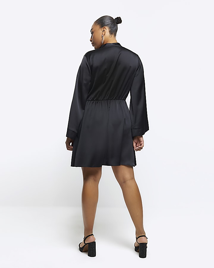 Plus black satin long sleeve mini dress