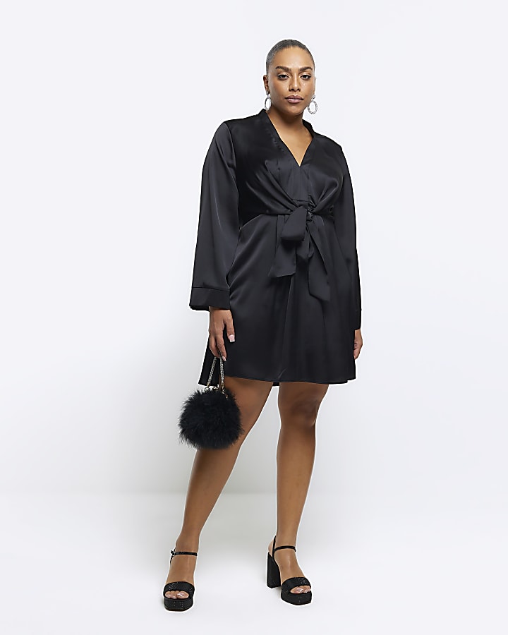 Plus black satin long sleeve mini dress