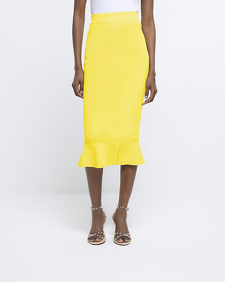 Yellow peplum hem midi skirt