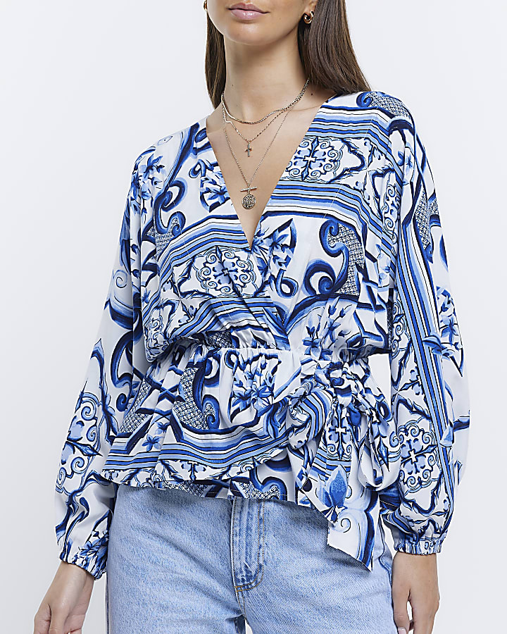 Blue patterned wrap top