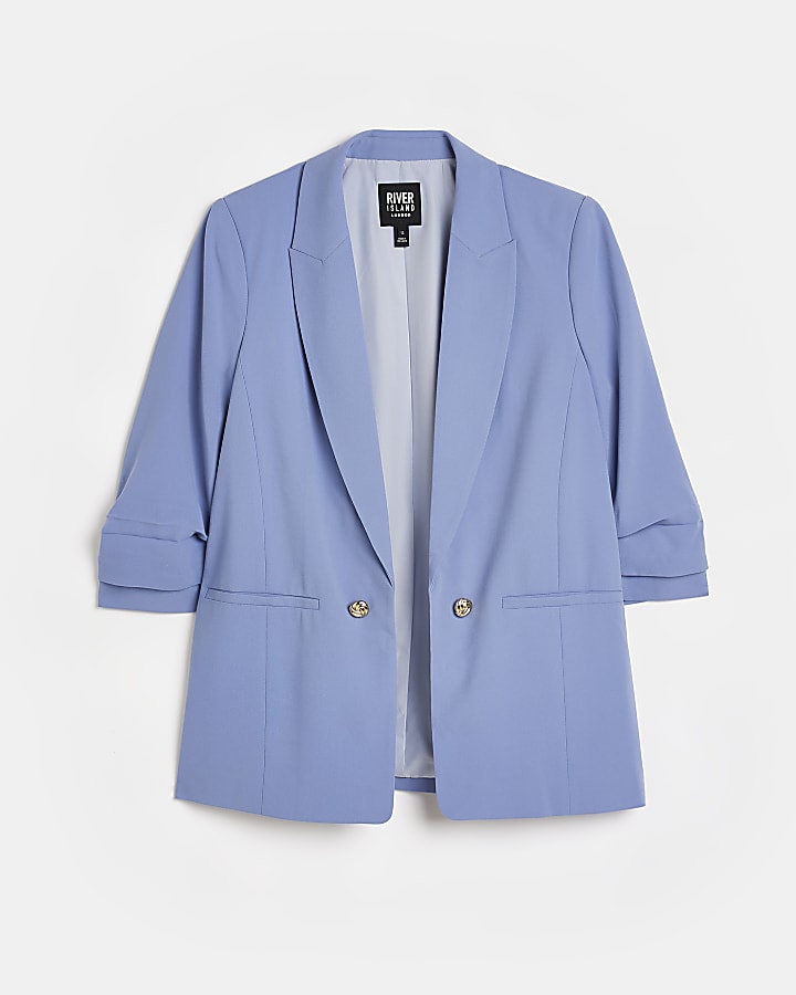 Blue ruched sleeve blazer