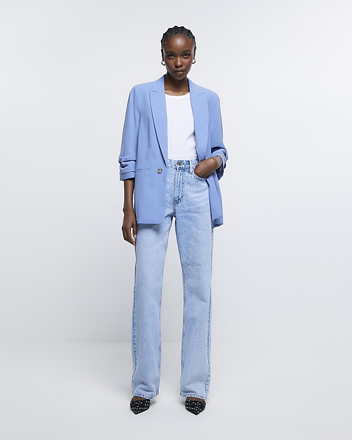 Blue ruched sleeve blazer