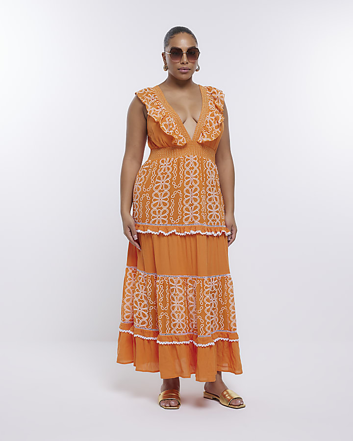 Plus orange embroidered frill maxi dress River Island