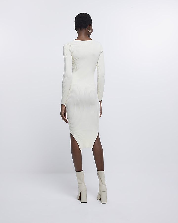 Cream knit cut out bodycon midi dress