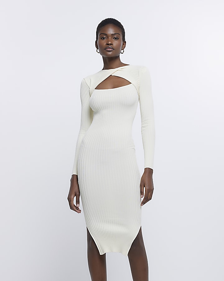 Cream knit cut out bodycon midi dress