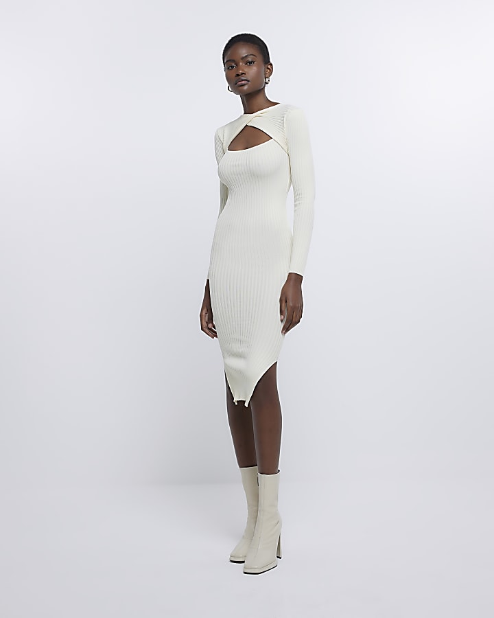 Cream knit cut out bodycon midi dress