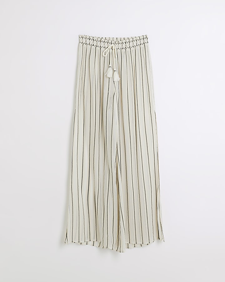Beige sheer stripe split hem trousers