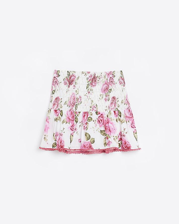 White Floral Print Shirred Mini Skirt