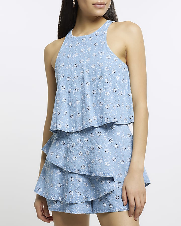 Blue denim broderie layered playsuit