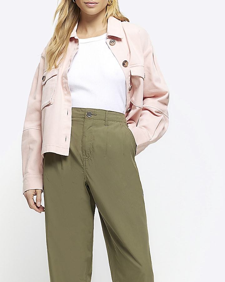 Khaki High Waisted Tapered Trousers