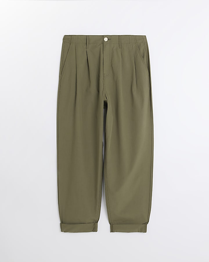 Khaki High Waisted Tapered Trousers