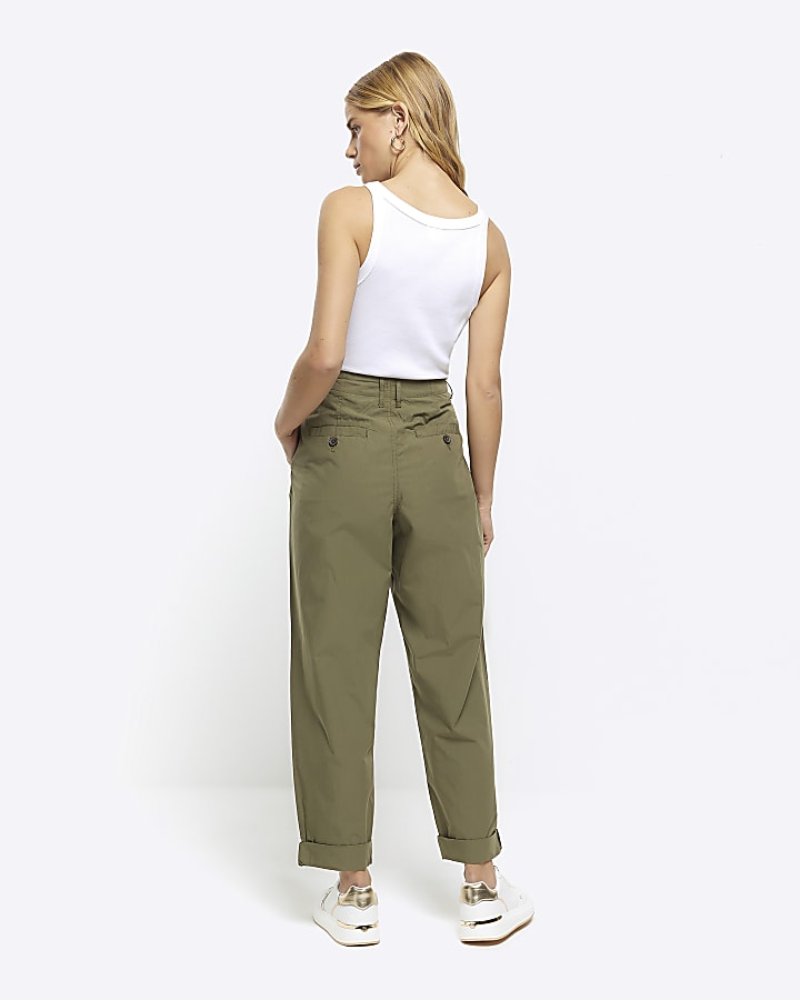 Khaki High Waisted Tapered Trousers