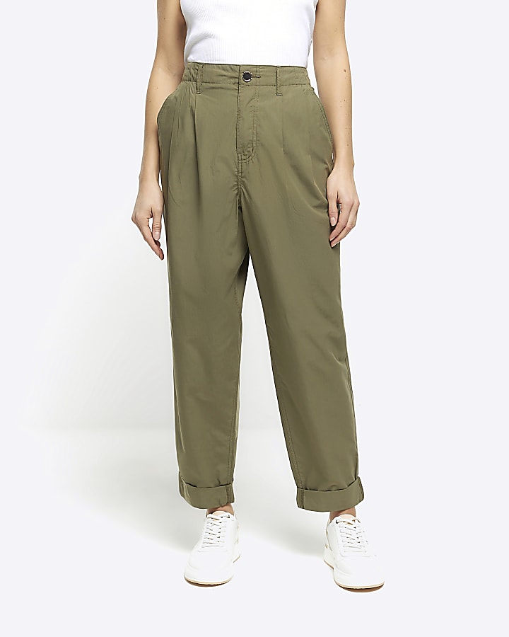 Khaki High Waisted Tapered Trousers