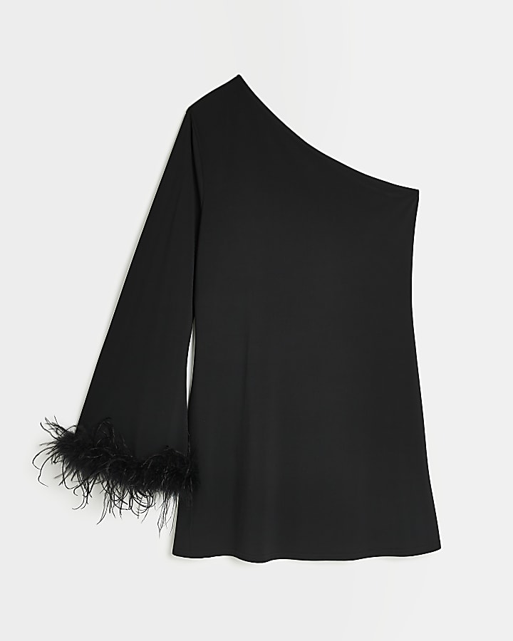 Black one shoulder feather trim shift dress