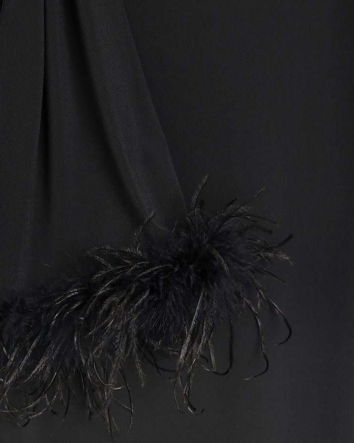 Black one shoulder feather trim shift dress