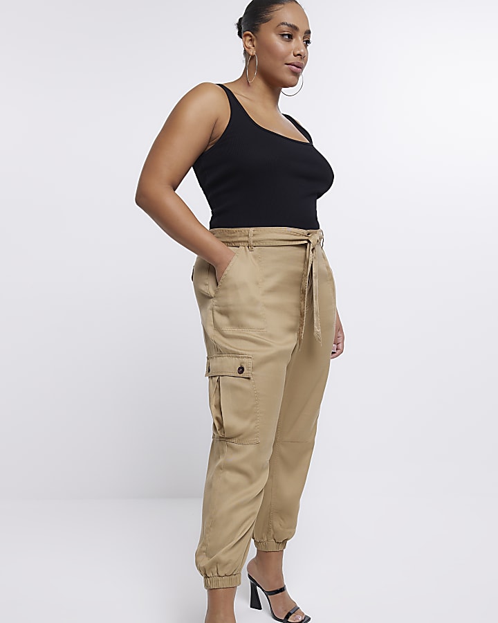 Plus beige belted cargo trousers